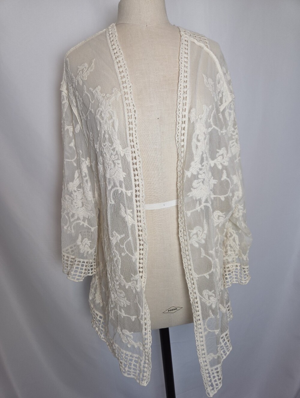 Cream Lace Crochet Open Front Kimono Beachy Boho